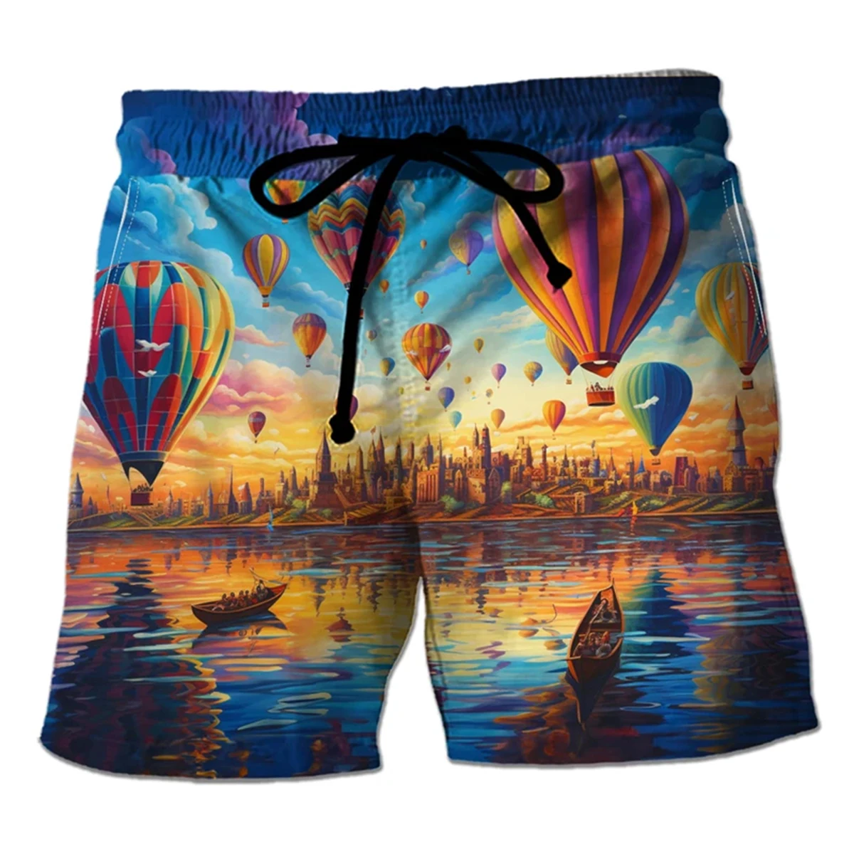 Szorty męskie w stylu Harajuku z wzorem balonów na gorące powietrze, codzienne szorty hawajskie z motywem balonów ognistych, śmieszne majtki chłopięce na plażę.
