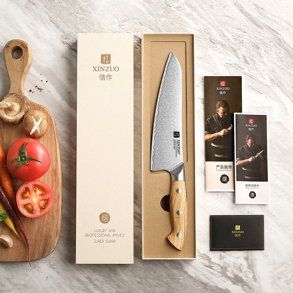 XINZUO Japanese Santoku Knife 8.1 Inches Granton Edge Chef Knife 3Layers Composite Steel With Ergonomic Handle Chef Cooking