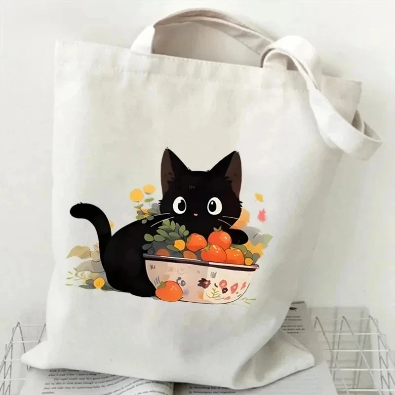 Gato e livro bolsa de lona senhoras bonito gato saco de compras estudante tutoria bolsa de ombro dos desenhos animados