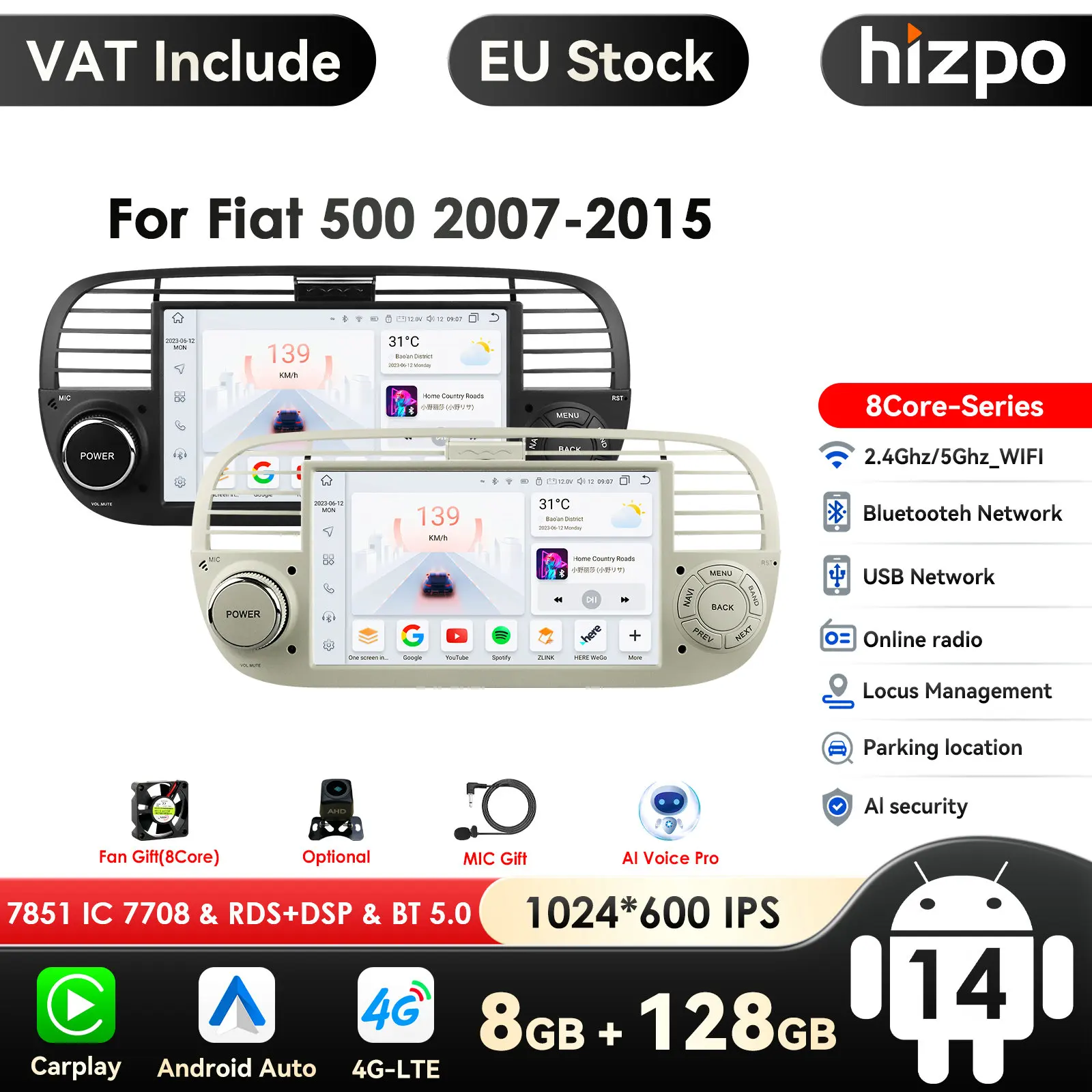 Lecteur multimédia de voiture 2din Android 14 Quad Core 2G RAM 32G ROM pour FIAT 500 Navigation GPS Carplay Auto Radio SWC RDS DSP stéréo