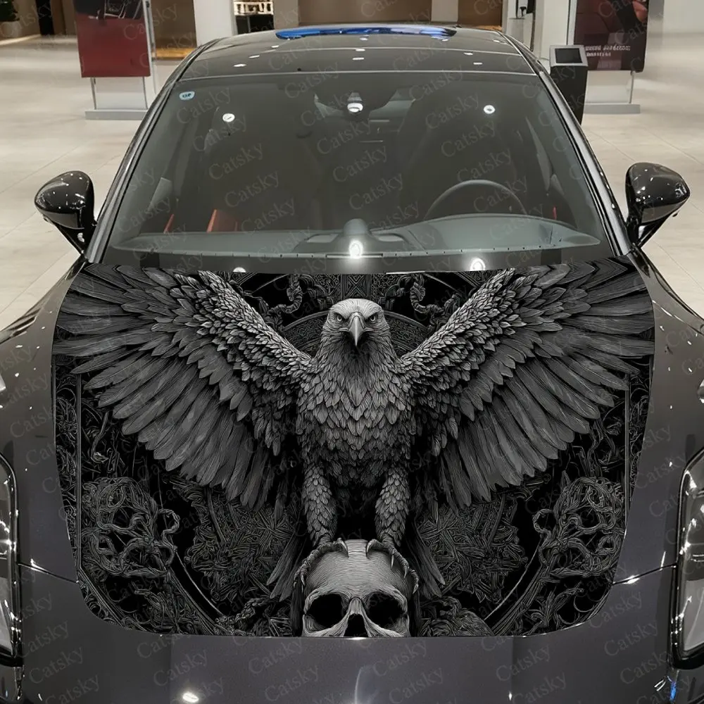Winged Raven Shadow Covering Skull Car Vinyl Wrap, PVC Waterproof Car Hood Sticker, Self-Adhesive Scratch-Resistant Stickers