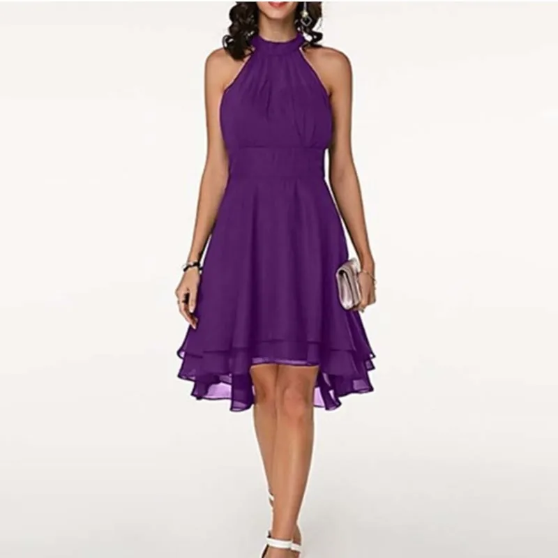 패션 여성 여름 높은 허리 쉬폰 드레스 우아한 민소매 불규칙한 밑단 여성 의류 여성을위한 저녁 파티 드레스