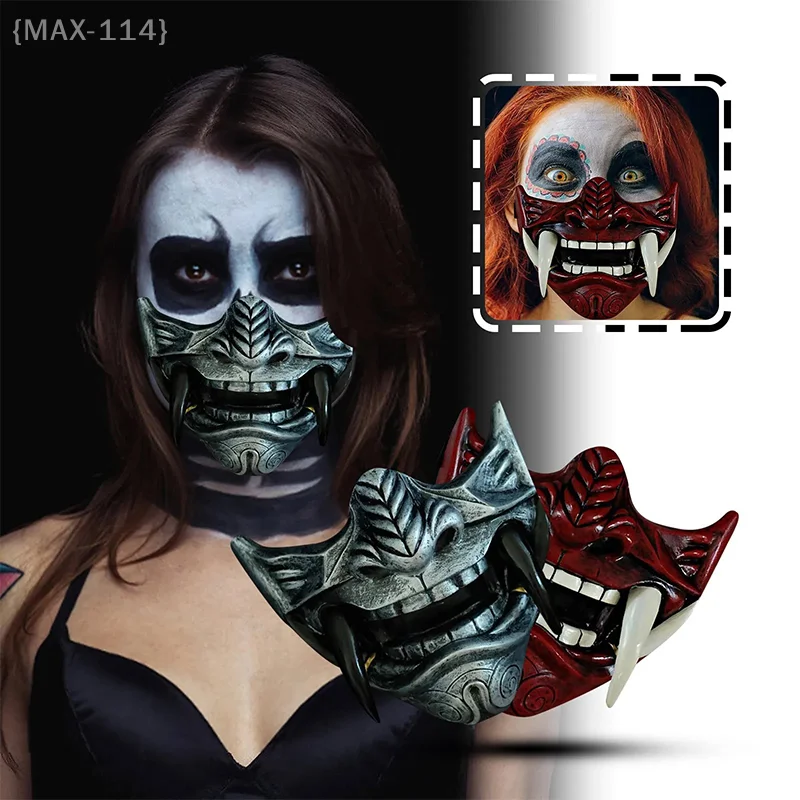 【Ja】Japanese Samurai Oni Demon Mask - Horror Prajna Killer Mask for Halloween Cosplay, Party Costume & Prop