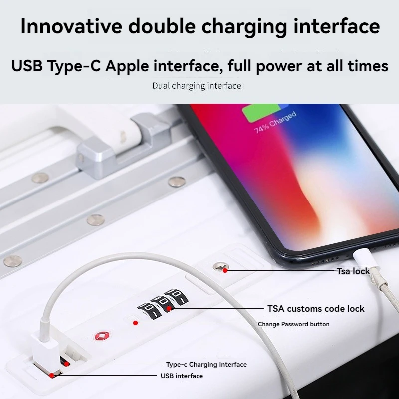 Estojo de viagem multifuncional com 24 quadros de alumínio, interface de carregamento duplo USB, abertura frontal, compartimento para computador e compu