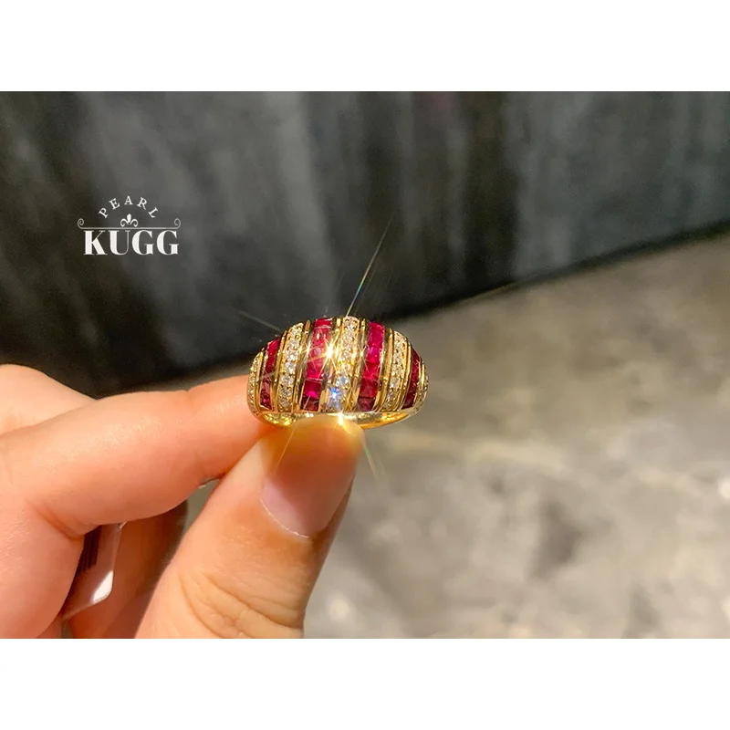

KUGG 100% 18K Yellow Gold Rings Luxury Vintage Style Real Natural Ruby Ring for Women Senior Banquet High Party Jewelry