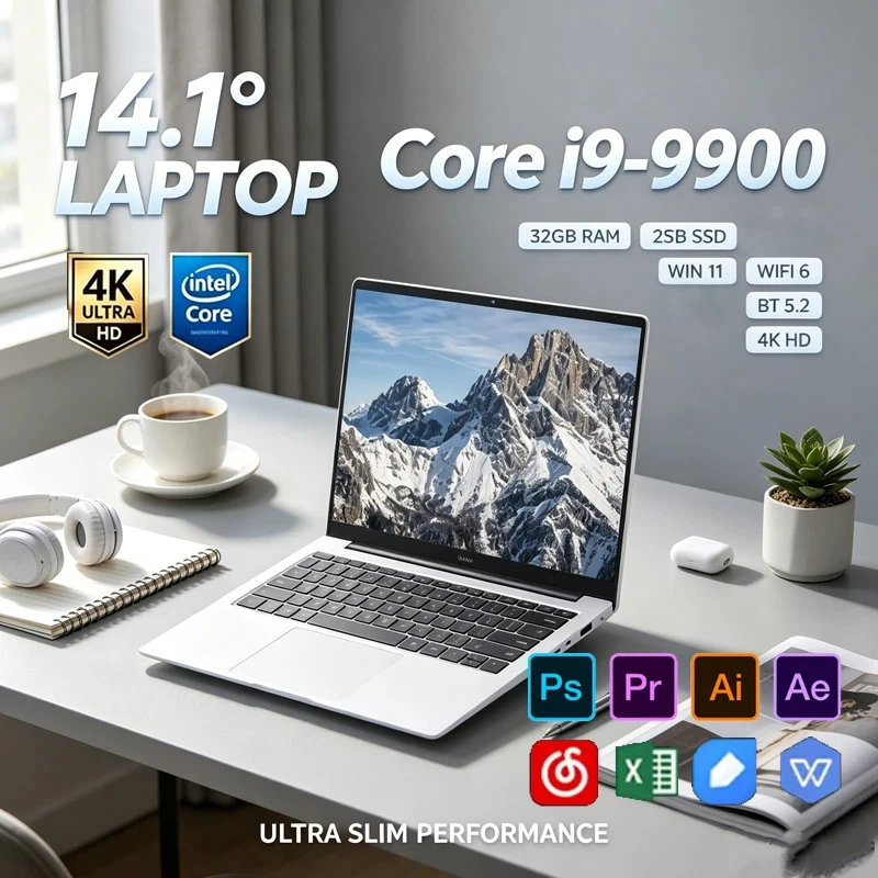 2026 New 14.1" Ultra Slim Notebook Intel Core I9-9900 32GB 2TB SSD Win11 Pro WiFi6 BT5.2 1080P HD Gaming Office Laptop PC