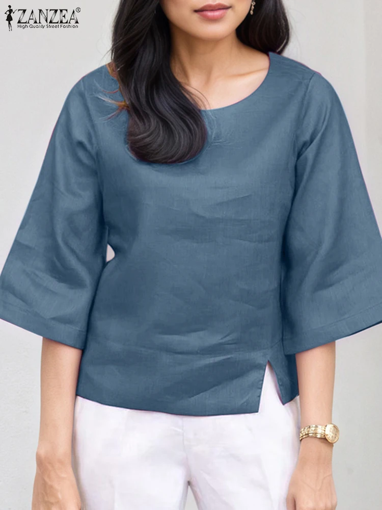 

ZANZEA, осенние модные топы, женская элегантная блузка с рукавом 3/4, однотонная туника, 2025 г., повседневная свободная короткая блузка с разрезом по подолу, Blusas Femininas