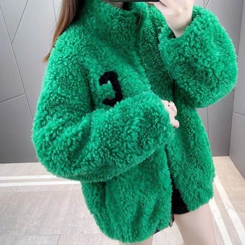 Winter Lamb Fleece Women\'s Coat Hoodie Fashion C Letter Harajuku Loose Plush Thickened Warm Zipper Sweatshirt Tops