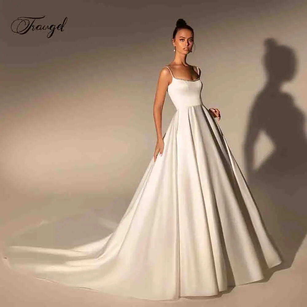 Traugel Sexy Backless Scalloped Matte Stain Vintage Wedding Dresses Exquisite Beaded Court Train A Line Bridal Gown