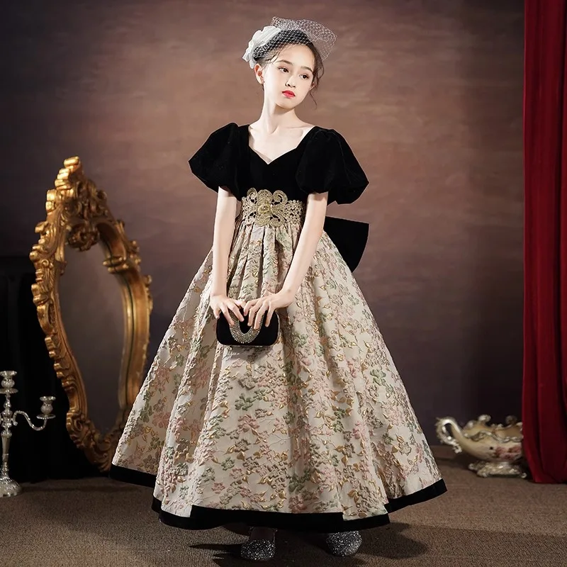 Saia Preta Estilo Princesa Hepburn para Meninas, Vestido de Performance Infantil com Bordado Doce, Cintura Alta, Mistura de P...