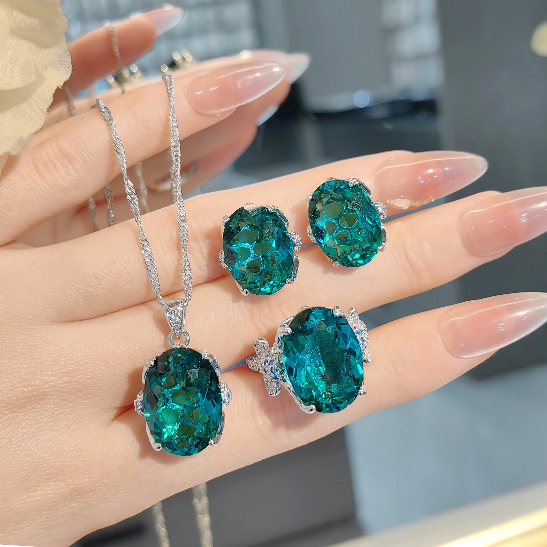 

Ladies' Fashion Anti Paraiba Blue Necklace High Carbon Diamond Earrings Pink Zircon Ring Color Treasure Set