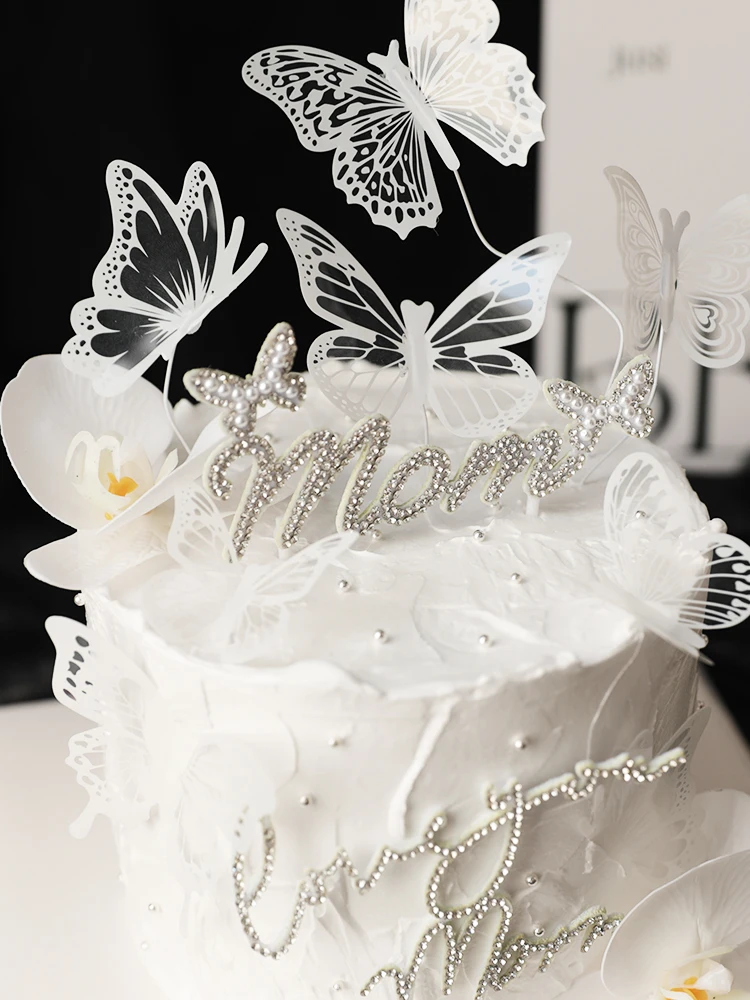 9/10pcs/set Butterfly Cake Topper White Simulation Butterflies for Wedding Mom Baby Shower Happy Birthday Party Cake Decorations