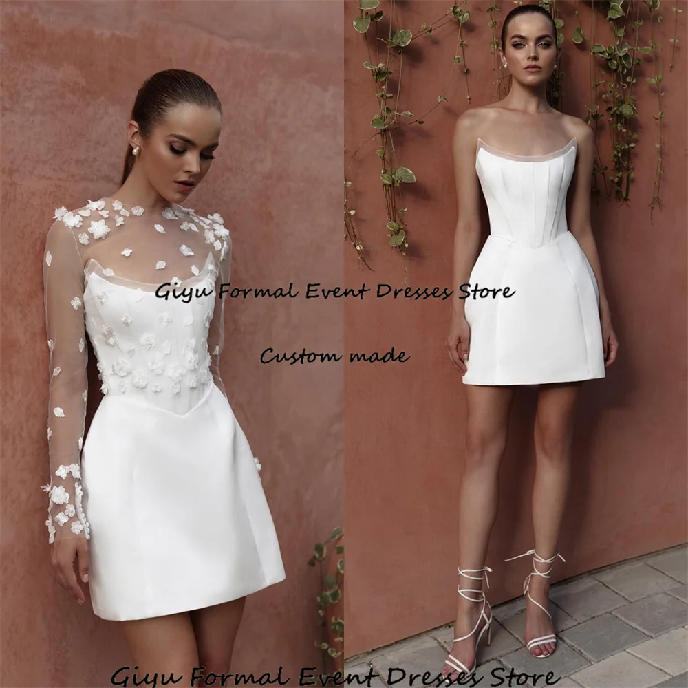 Giyu Simple Lace Followers Mini Wedding Dresses 2024 Full Sleeves Mini-Length Above Knee Vestidos Novias Boda 2024 Bridal Gown