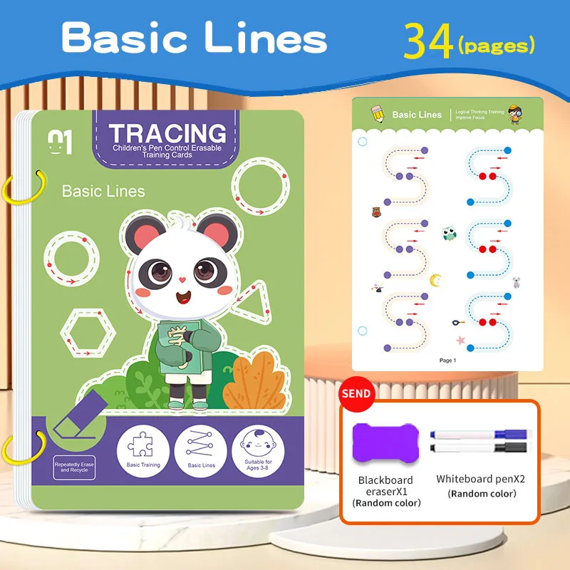 Children Reusable 34 Page Workbook Set with Erasable Pen Drawing Writing Skills Development Educational Pen Control Books