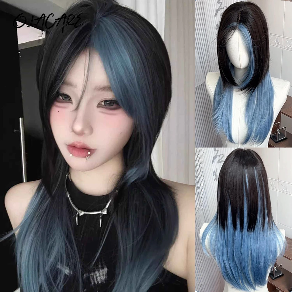 

Forehead Lace Blue And Black Highlight Synthetic Long Straight Wigs Natural Hair with Bangs Heat Resistant Cosplay For Women