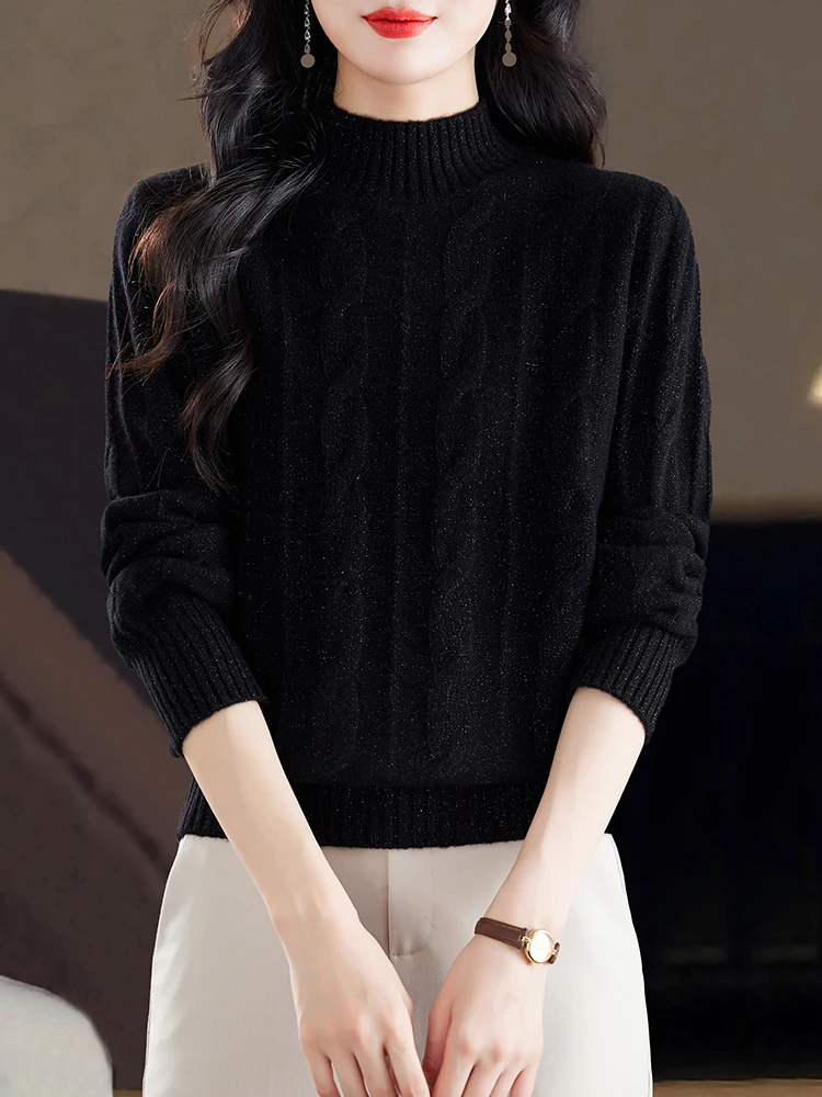 Suéter de Lã Quente e Espo para Mulheres, Csa Base Tricotada de Gola Alta Solta, Estilo Novo de Moda para Outono e Inverno