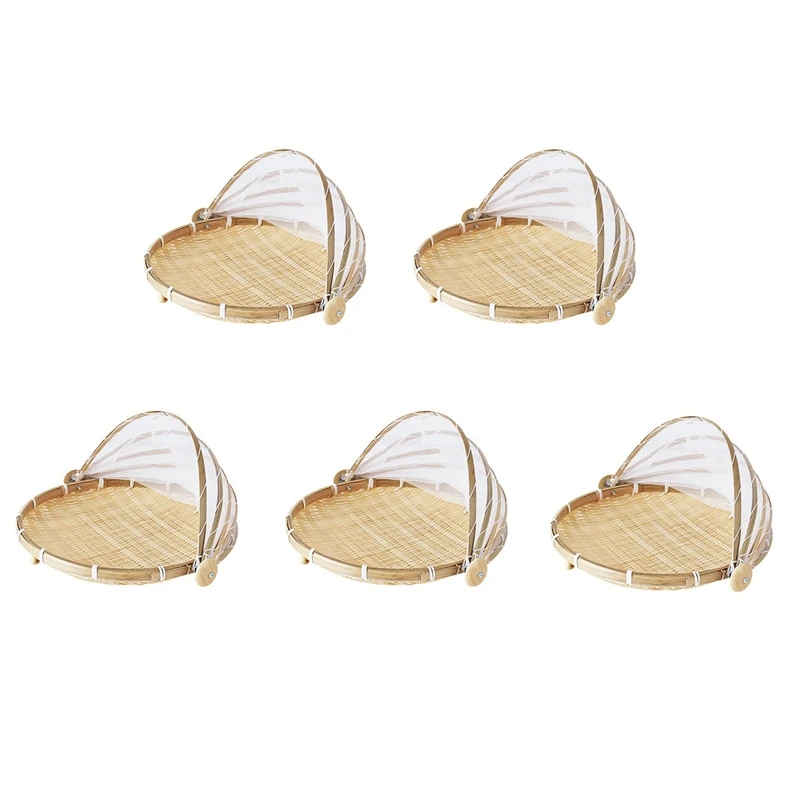 

5X Hand-Woven Food Tent Basket Tray Fruit Vegetable Bread Storage Basket Simple Atmosphere Outdoor Picnic Mesh Net Cover