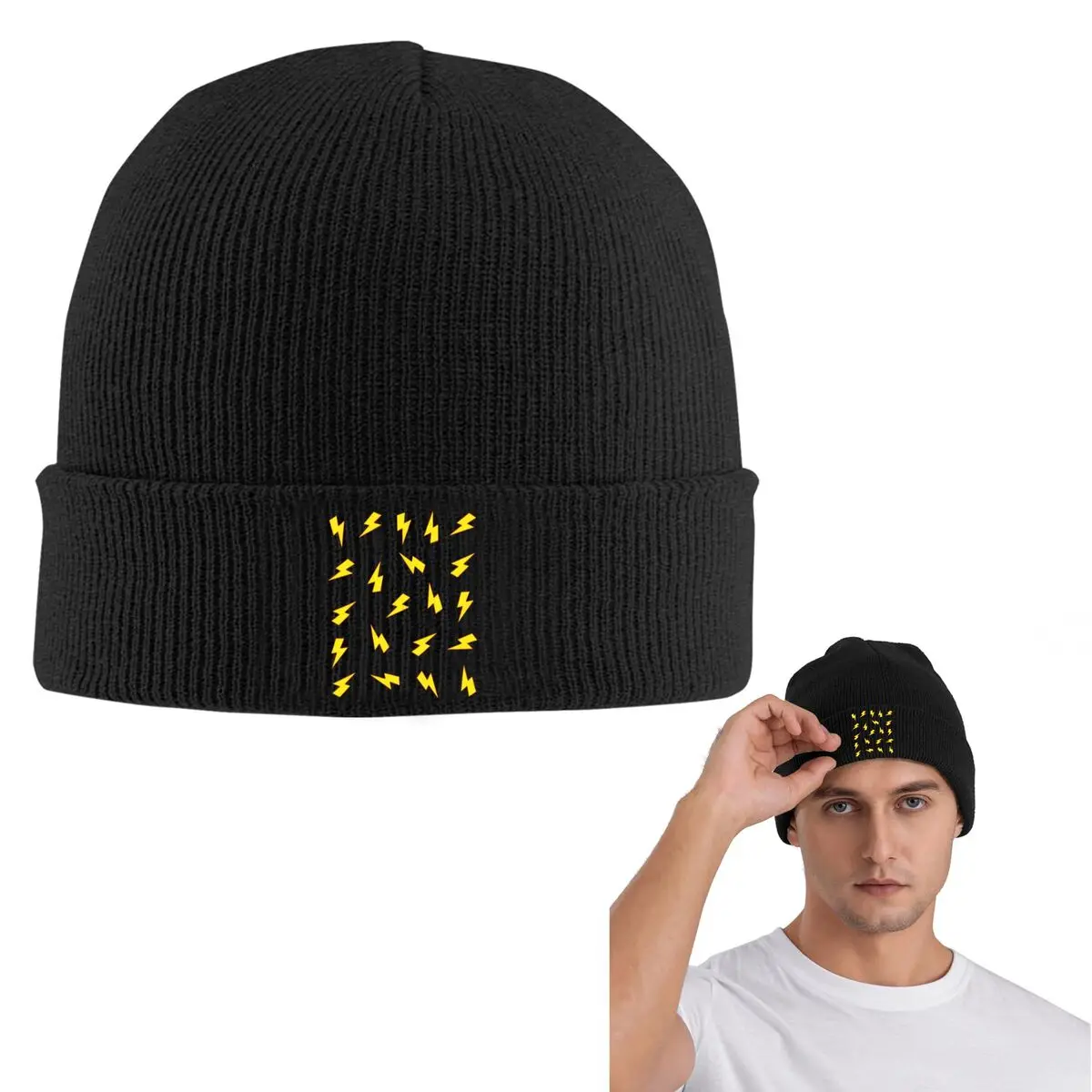 Yellow Lightning Bolts On Red Thunder Bolt Pattern Knitted Cap Fashion Bonnet Hat Autumn Winter Outdoor Beanies Hats for Unisex