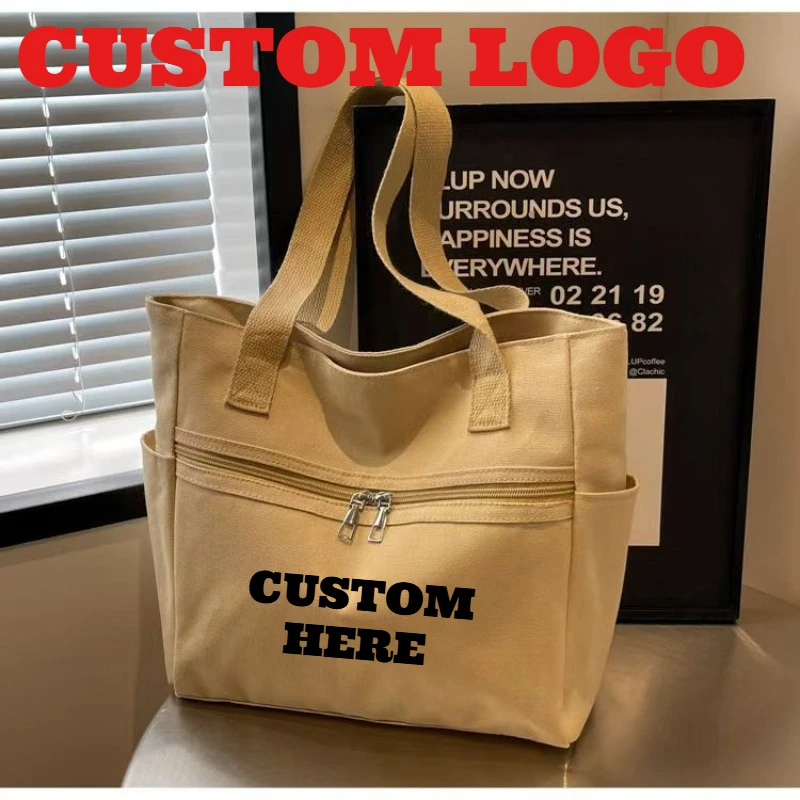 Custom Printed Logo New Large Capacity Multifunctional Canvas Shopping Bag Simple Solid Color Single Shoulder Handbag for Women