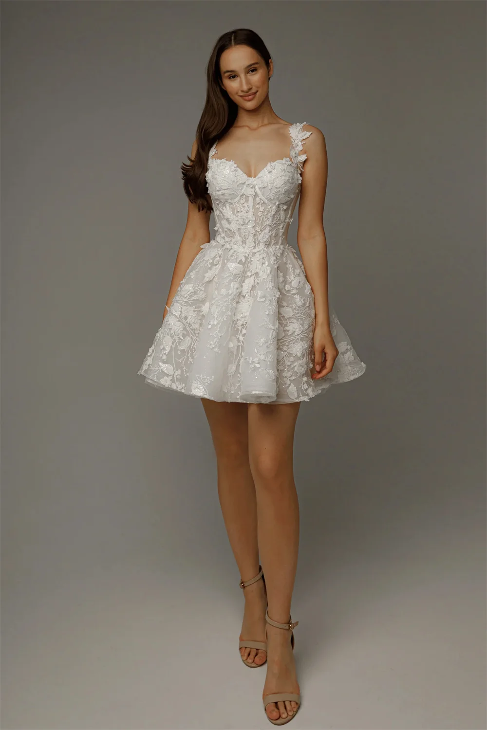Beautiful Two Straps Sweethat Full 3d Flower Lace Appllque Short/Mini Wedding Dresses Custom Made Bridal Grown Vestido De Noival