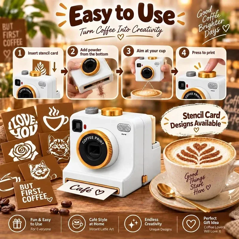 3D Printed Funny Coffee Latte Camera Replaceable Cards One Touch Press DIY Latte Art Camera Tool Vintage Look Included Stencils/