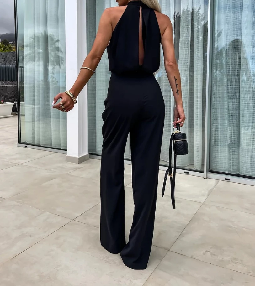 Women's Jumpsuits 2024 Summer Hollow Out Half High Collar Hollow Out Solid Jumpsuit Patchwork Slim Backless Lady Sexy Rompers