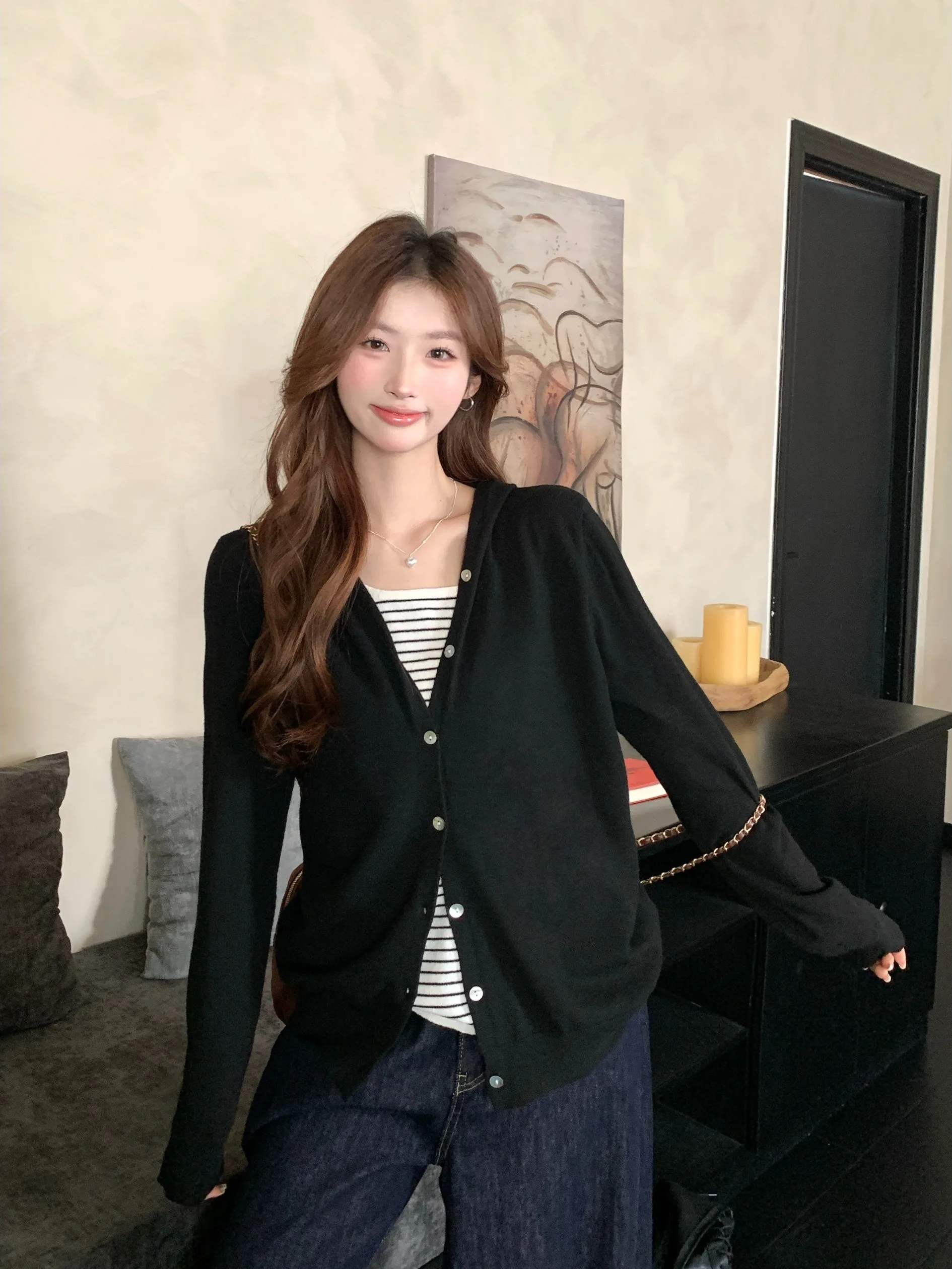 

plus Size Knitted Stripe Splicing Hooded Top Loose Slimming Casual Autumn New Style Korean Version Ladies' Inner Wear