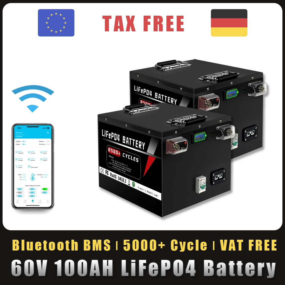 

60V 50Ah 100Ah LiFePO4 Battery Pack Built-in Bluetooth BMS For Tricycle Scooter Electric motorcycle Golf Cart Boat No Tax