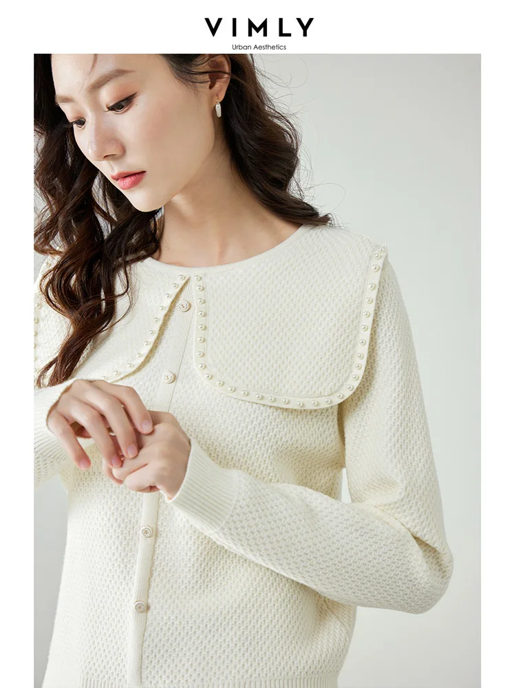 Vimly Beading Peter Pan Collar Pullover Sweaters for Women 2023 Autumn New In Knitwear Relaxed Fit Long Sleeve Knit Tops 72239