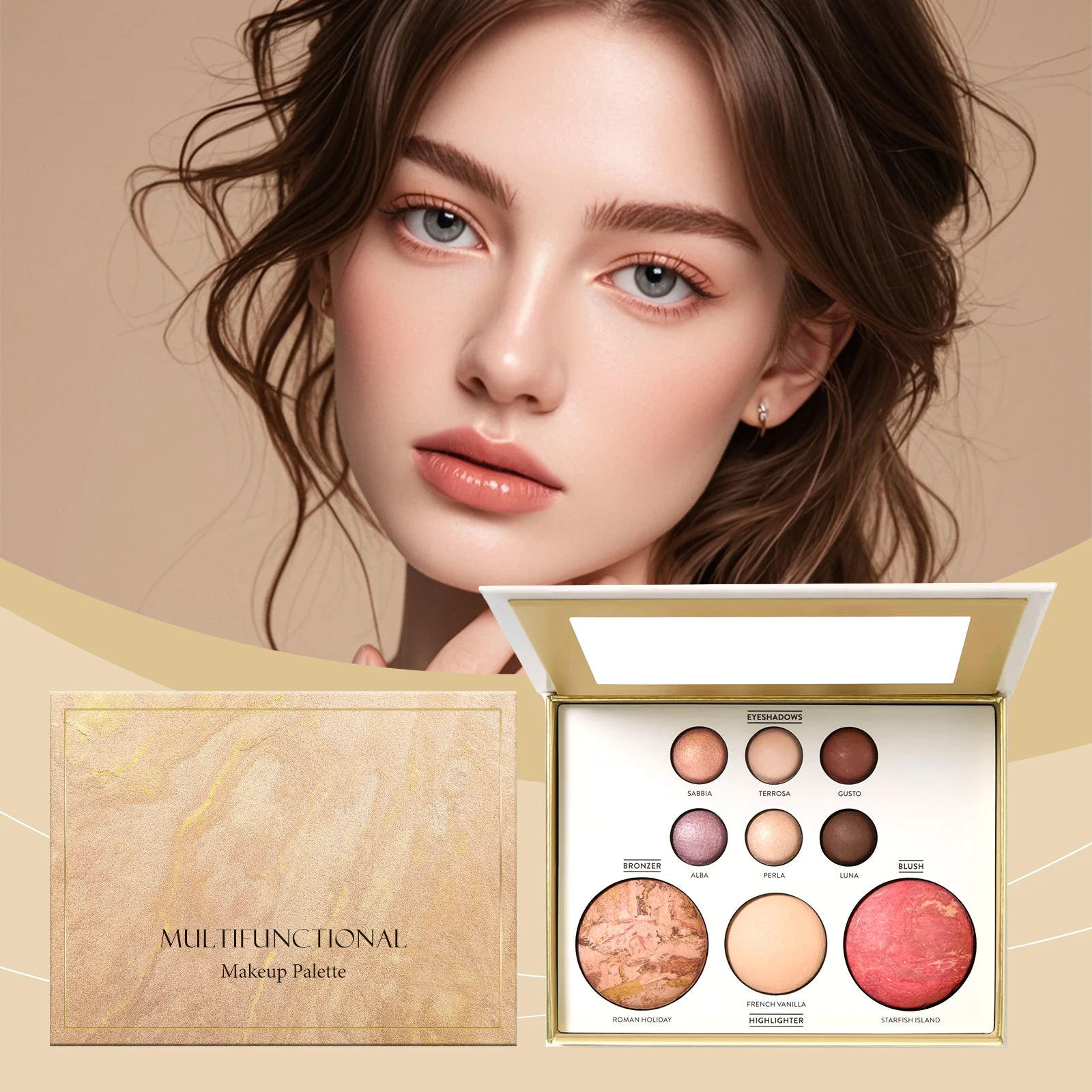 PAULINE PESERY Multi-Functional Makeup Palette Featuring Gilded Eyeshadow, Contouring, Blush, Highlighter, And Eye-Lifting