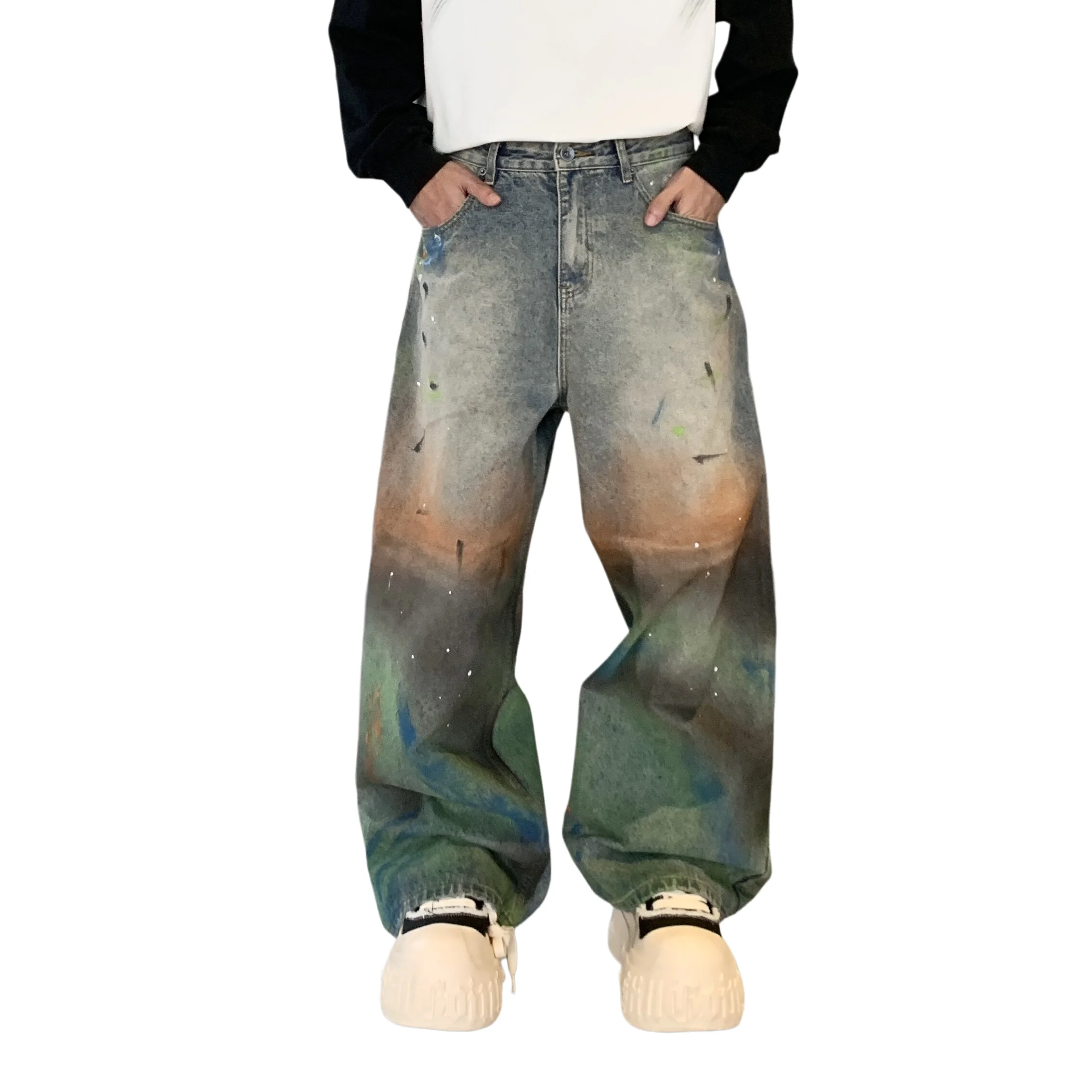 Unsiex Jeans 2026 Spring American Gradient Tie Dye Jeans For Men High Street Color Graffiti Loose Denim Wide Leg Pants