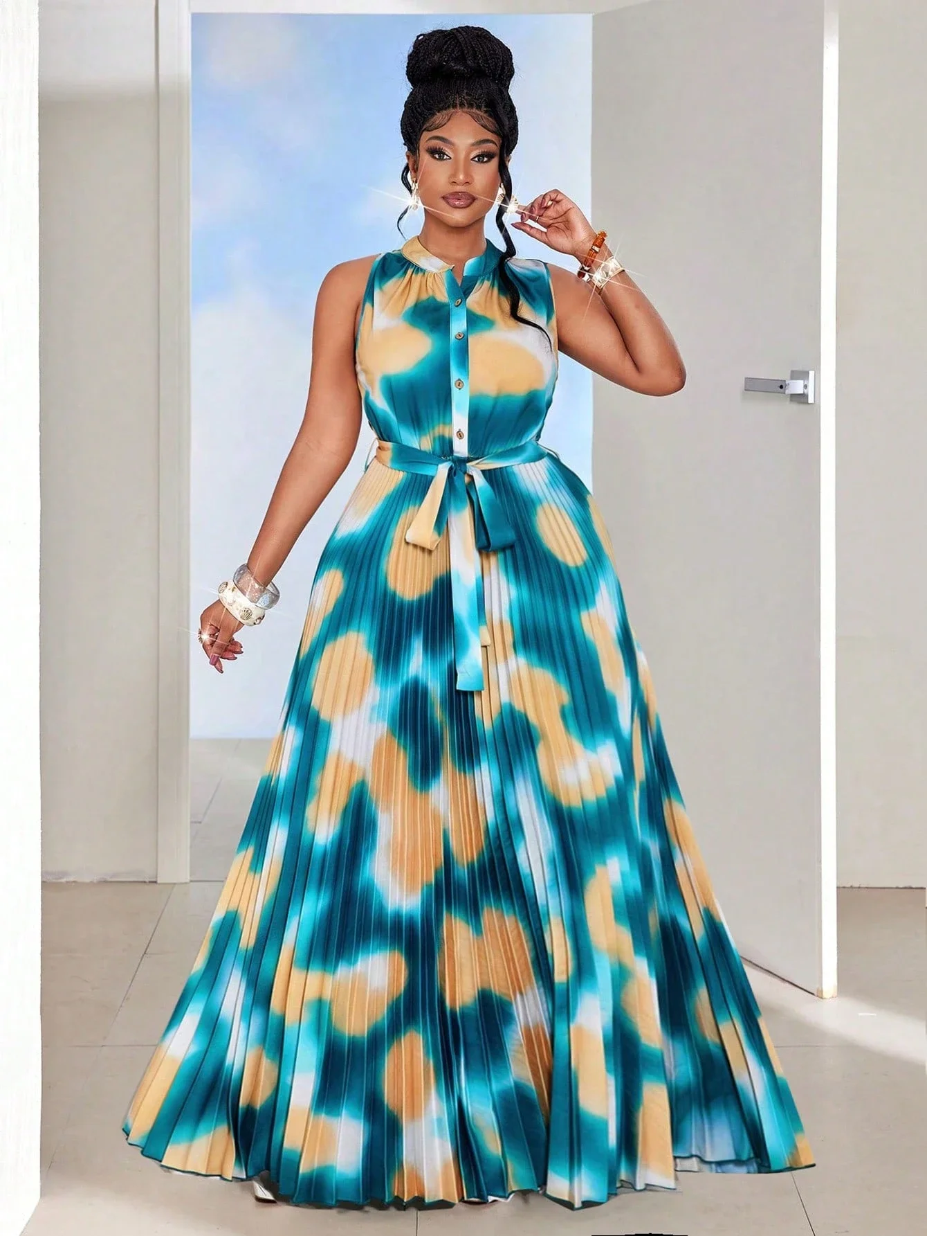 

Plus Size Sleeveless Tie Dye Pleated Maxi Dress With Bow Waist Belt For Party Night Out