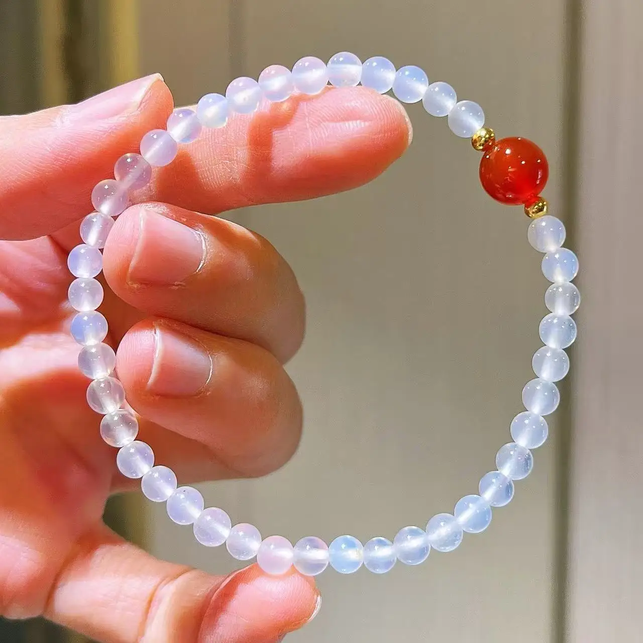 Healing White & Red Chalcedony Bracelet, Natural Gemstone for Balance & Vitality, Stackable Daily Wear
