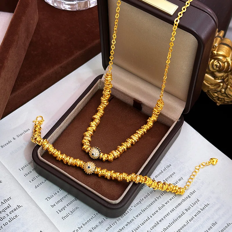 Luxury 9999 24K Real Gold Full Diamond Blue Globe Entwined Necklace Bracelet Light Luxury Vintage High-end Set