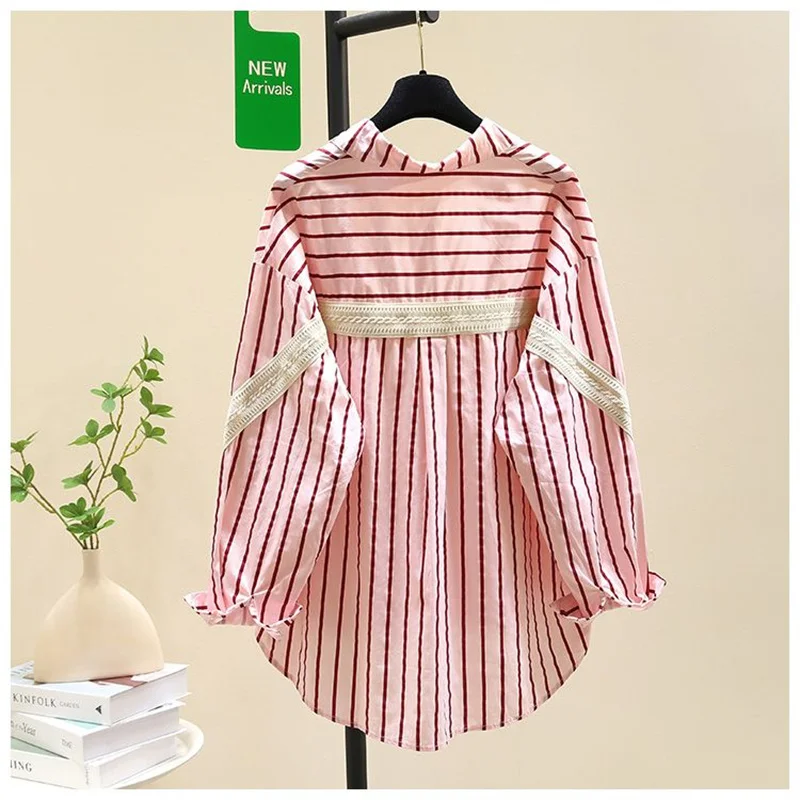 

New 100% Cotton Printed Long-Sleeved Striped Thin Shirts Are Fashionable And Casual Korean Loose Cardigan Age-Reducing Shirts