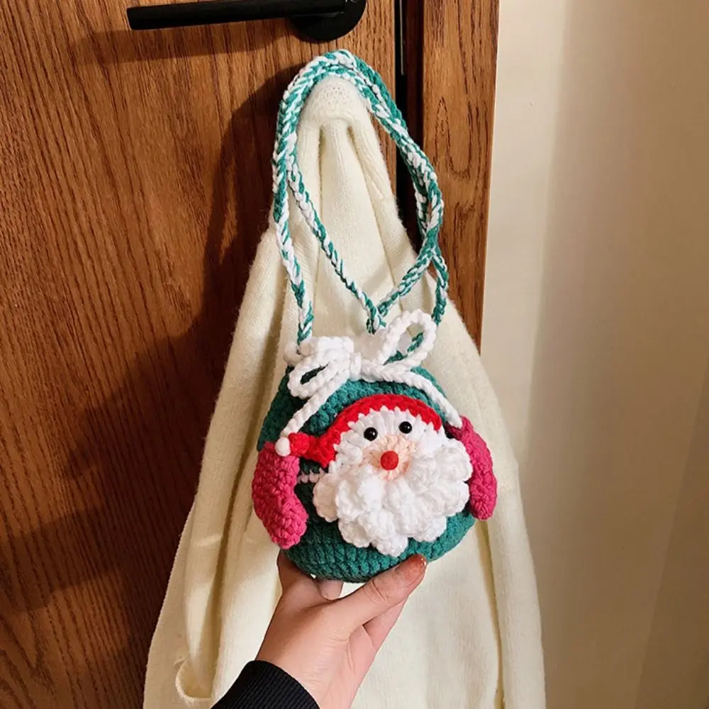 Creative Bow Xmas Candy Bag Kriss Kringle Woven Father Christmas Bag Cross Body Santa Claus Knitting Drawstring Bag Party