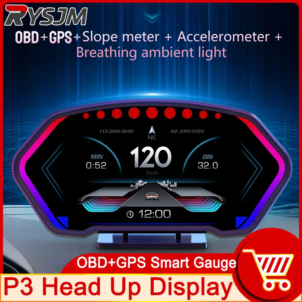 36 Functions OBD + GPS HUD P3 Head Up Display Auto GPS Speedometer Slope Meter Tachometer Water Temp Speed Alarm Electronic Part