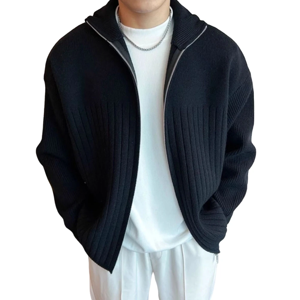 Men Texture Knit Sweater Cardigan Lapel Zipper Business Commuting Jacket Outwear