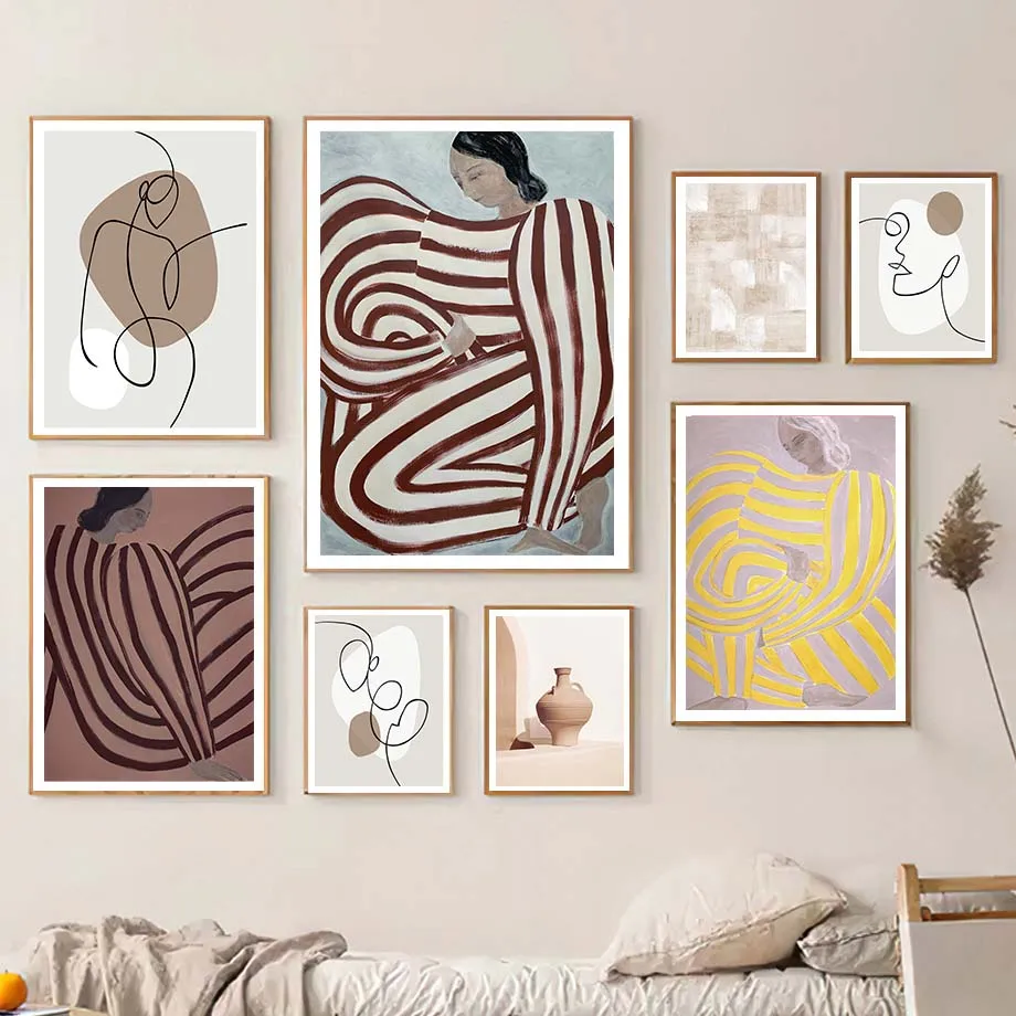 1 Stück rahmenloses Leinwandgemälde, minimalistisches Streifenmuster, Mädchen, moderne abstrakte Poster und Drucke, Wandkunst, Leinwandgemälde, Hotel B