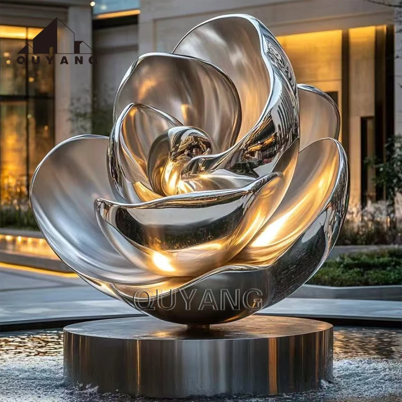 QUYANG Custom Villa Garden Decoration Modern Art Large Size Metal Sculpture Stainless Steel Flower Statue