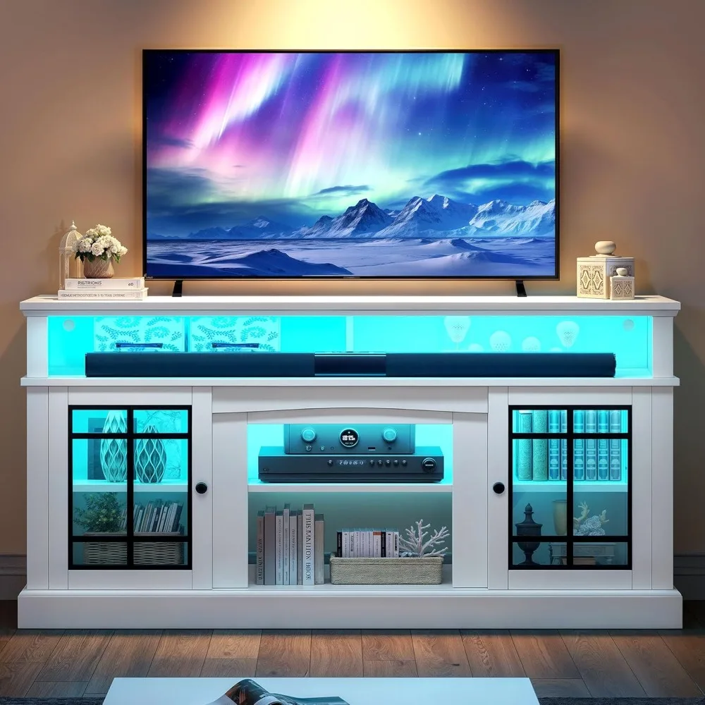 

White Tv Stand For 75 Inch Tv, Led Modern Entertainment Center With Adjustable Shelves And Glass Doors, 32'' Tall Television St