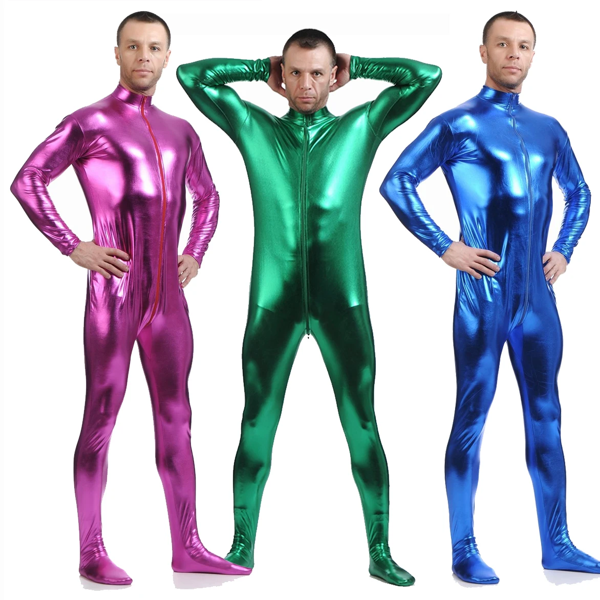 

Unisex Metallic Bodysuit Zentai Without Hood Adult Shiny Tights One Piece Spandex Body Suit Halloween Costumecs overalls Cosplay