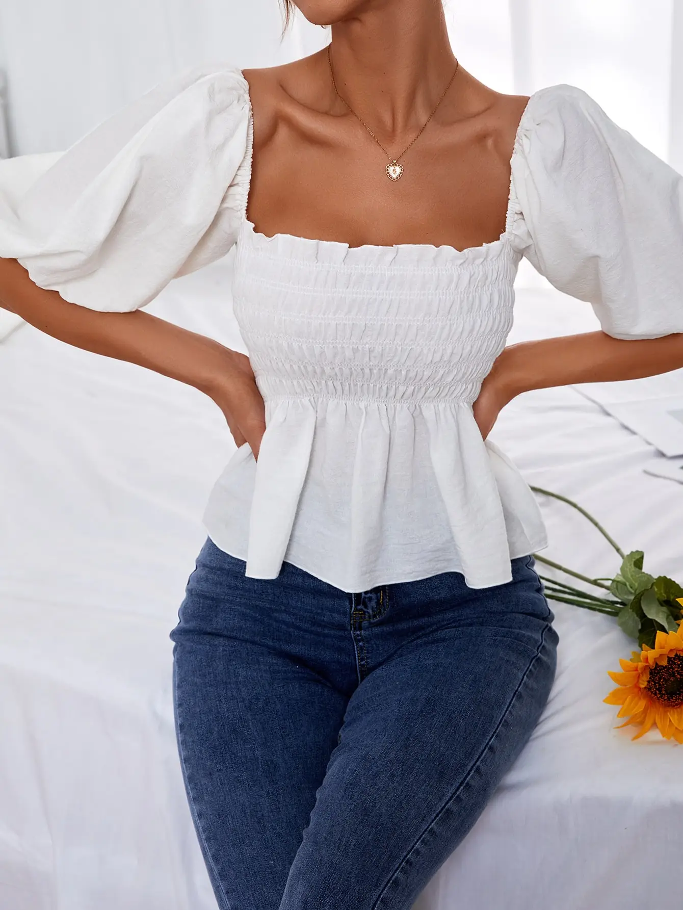 Women T-shirt Solid puff sleeve slash neck Tee High Quality Puff Sleeve Blouses Tops Ladies Square Neck Short Sleeve Crop Tops