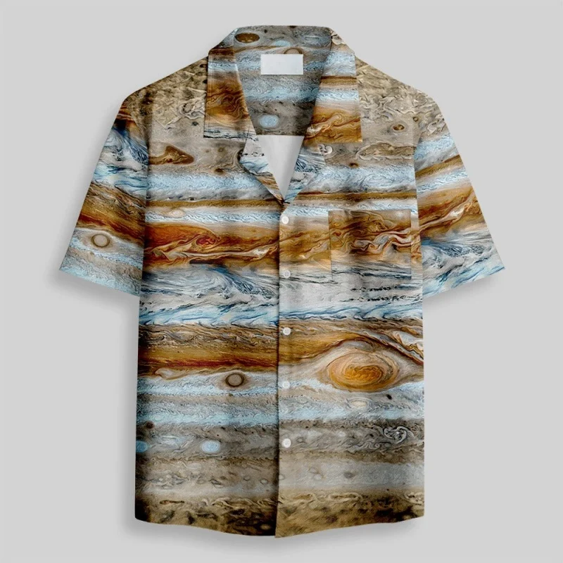 Men's Short Sleeve Shirt Casual Loose Summer Tops Holiday Jupiter Planet Print Hawaiian Cuban Collar Tunics Oversized