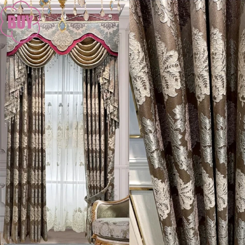 

Customized Grey Coffee Color Embroidered Screen Thickened Chenille Shading Curtains for Bedroom Living Room Bay Window French