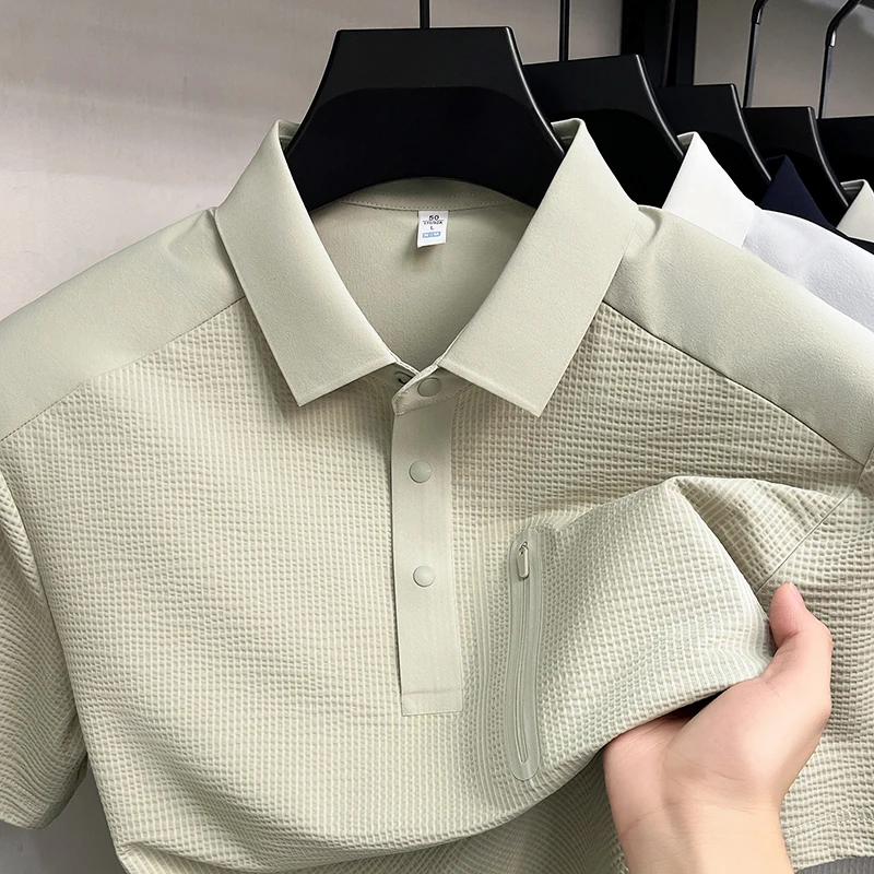 Luxury Brand Ice Silk Short Sleeve Polo Shirt Comfort Cool Men’s T-Shirt Summer New Zipper Texture Design Solid Color Simple Top