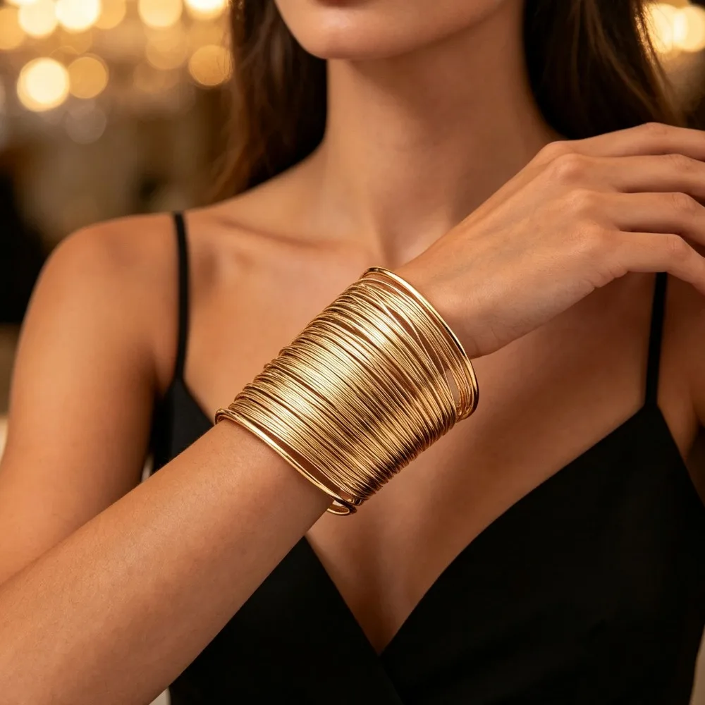 Hyperbolic Layered Gold Plated Wide Wire Cuff Bangle for Women, Exaggerated Wrist Wrap Hand Jewelry Gift
