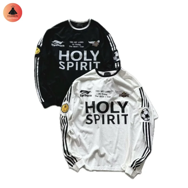 25SS New Vintage Stripe Letters Embroidered Logo Sports Long Sleeve T-Shirt Loose Black White Mens Womens Jersey