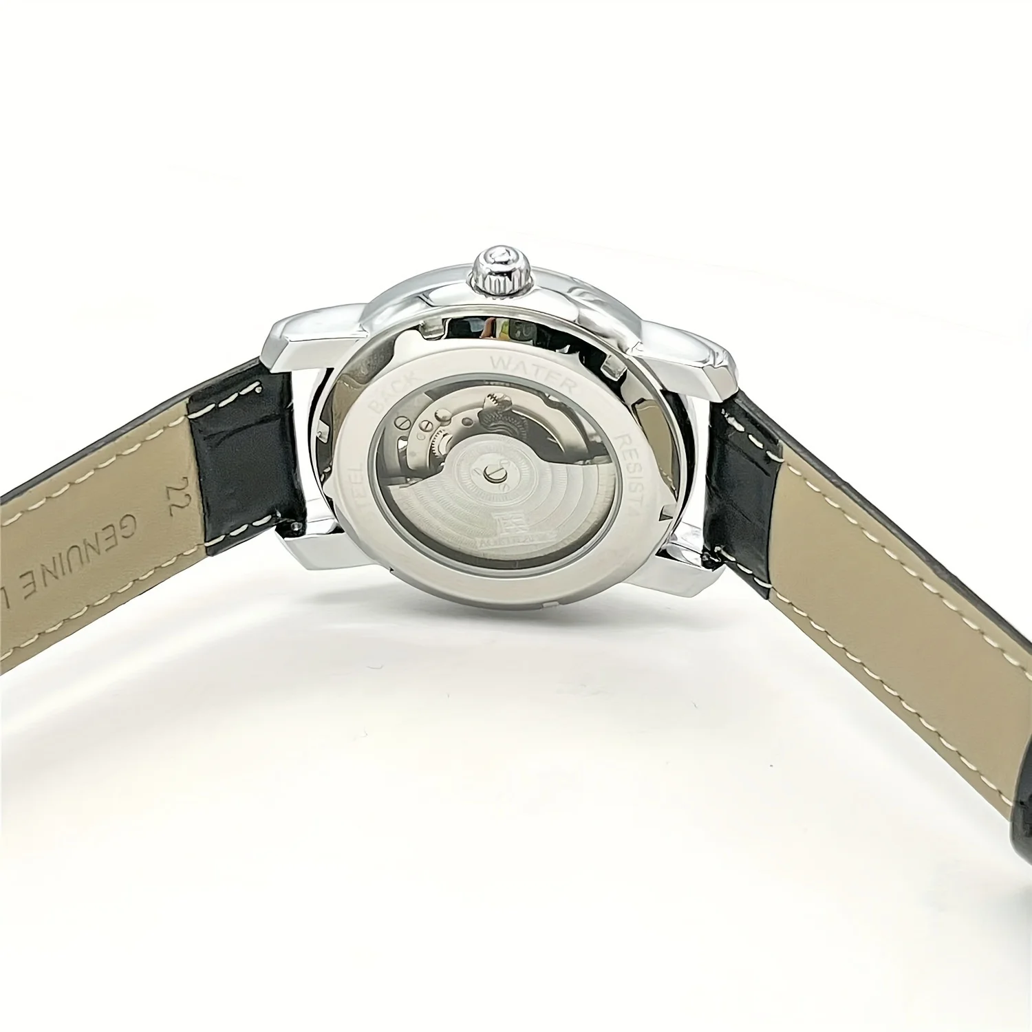 Luxury Men's Automatic Mechanical Watch - Stylish Hollow Design, Fashionable Business Casual Style, Alloy Case and Leather Strap, No Battery view 2