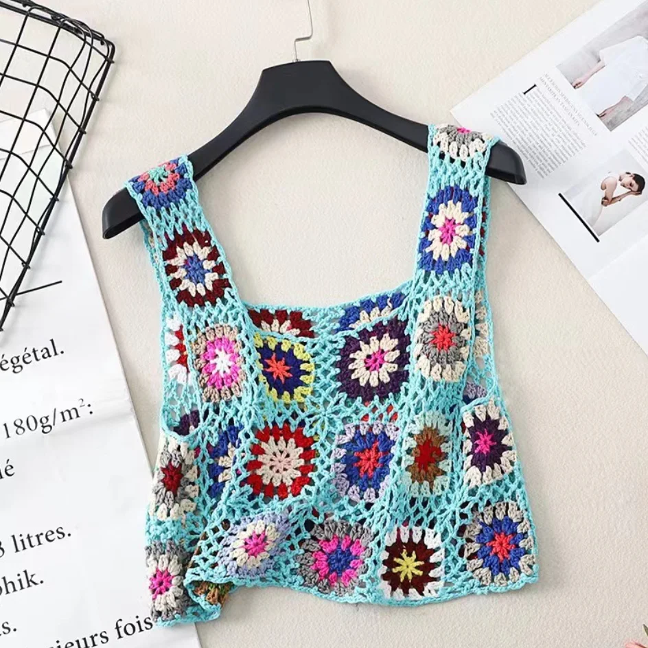 Damen Sexy aushöhlen ärmellose Strickweste Crop Top dünner Pullover Strand häkeln Bikini Cover Up Bluse Shirt